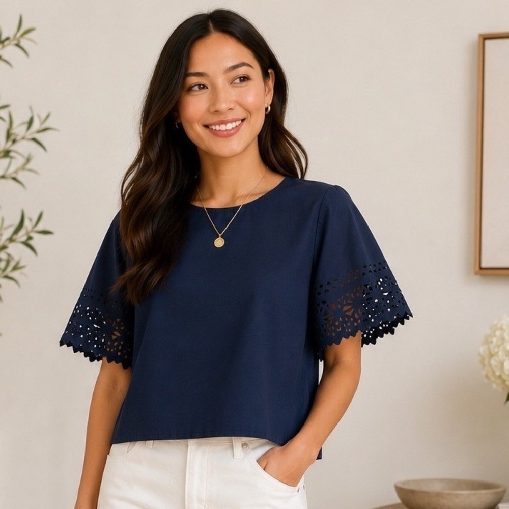 J.Crew‎ Eyelet Laser Cut Flutter Sleeve Swing Top Navy Blue Women 0
